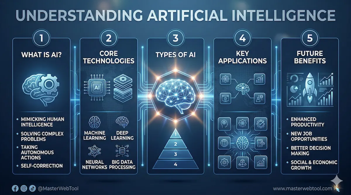 Alt Text: A detailed infographic explaining the basics of artificial intelligence, including core technologies, types, applications, and future benefits.