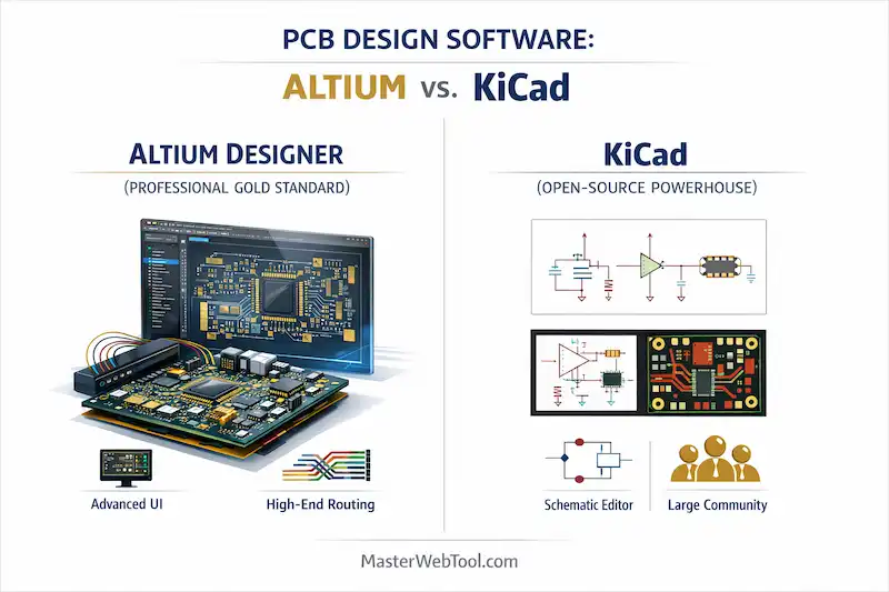 MasterWebTool comparison infographic between Altium Designer (Professional) and KiCad (Open-Source) showing advanced UI vs community-driven schematic editors.