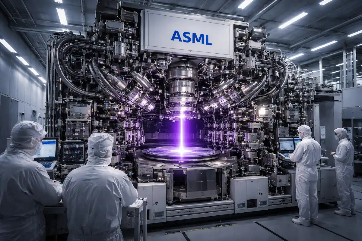 A massive ASML EUV lithography machine in a clean room with engineers, focusing on the violet light beam etching a silicon wafer.