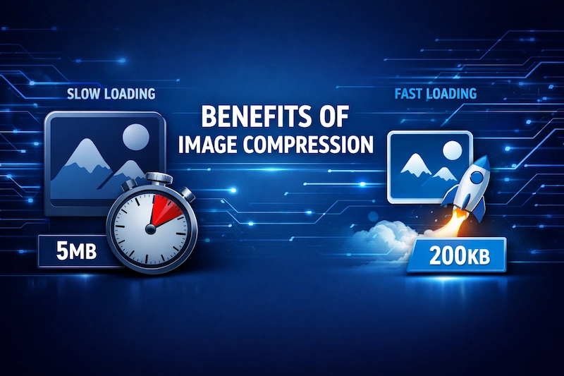 Infographic comparing the benefits of unoptimized vs. compressed images for website speed and SEO rankings on MasterWebTool.