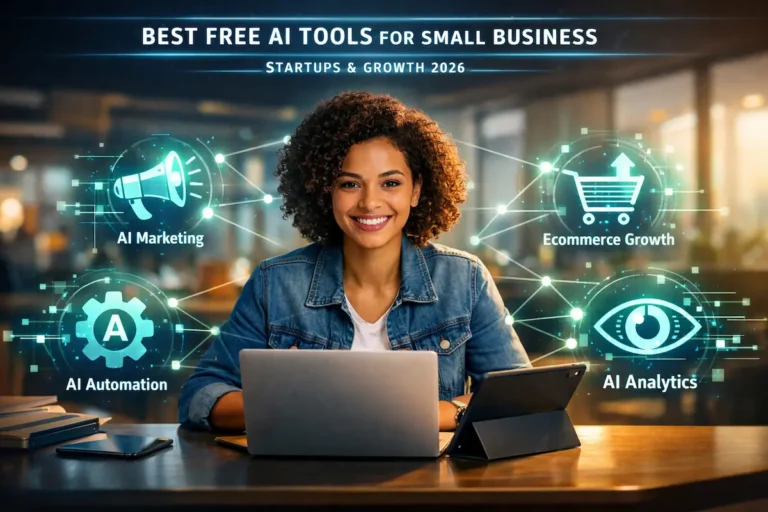 A young entrepreneur smiling at a laptop, surrounded by glowing futuristic icons for AI Marketing, AI Automation, Ecommerce Growth, and AI Analytics.