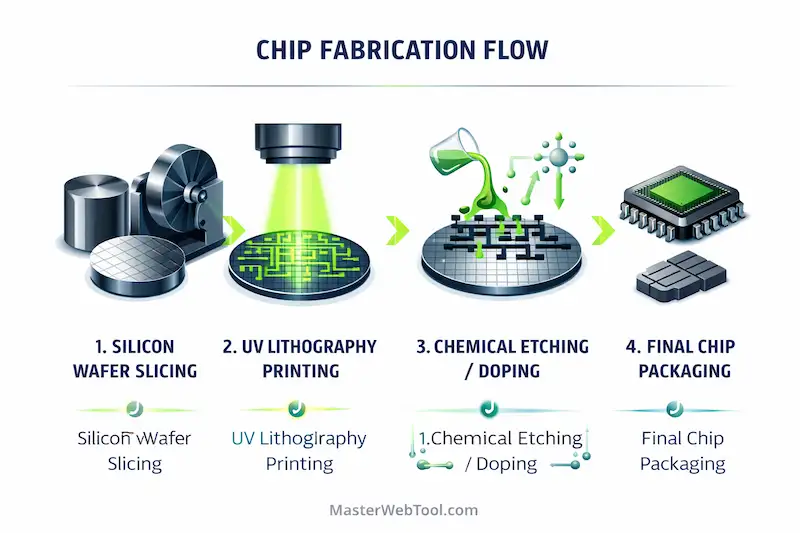 Horizontal chip fabrication flow diagram showing silicon wafer slicing, UV printing, and chemical etching.