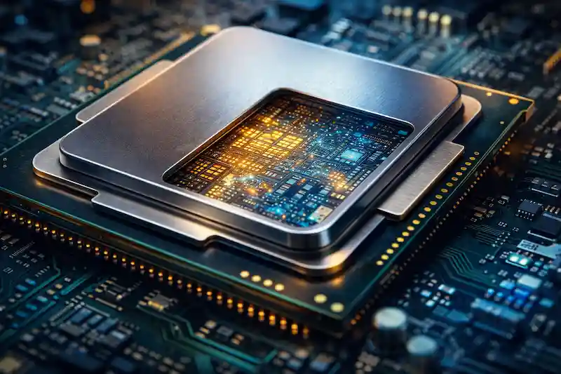 Extreme macro shot of a completed microprocessor on a motherboard, revealing intricate, glowing internal circuitry through a cutaway window.