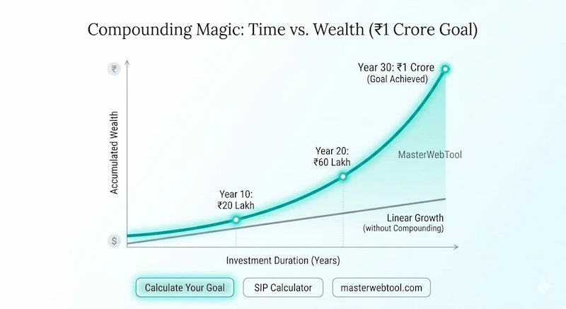 Infographic showing exponential wealth growth vs linear growth for compounding magic MasterWebTool
