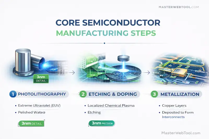 Technical diagram by MasterWebTool showing Photolithography, Etching, Doping, and Metallization steps in 3nm chip manufacturing.