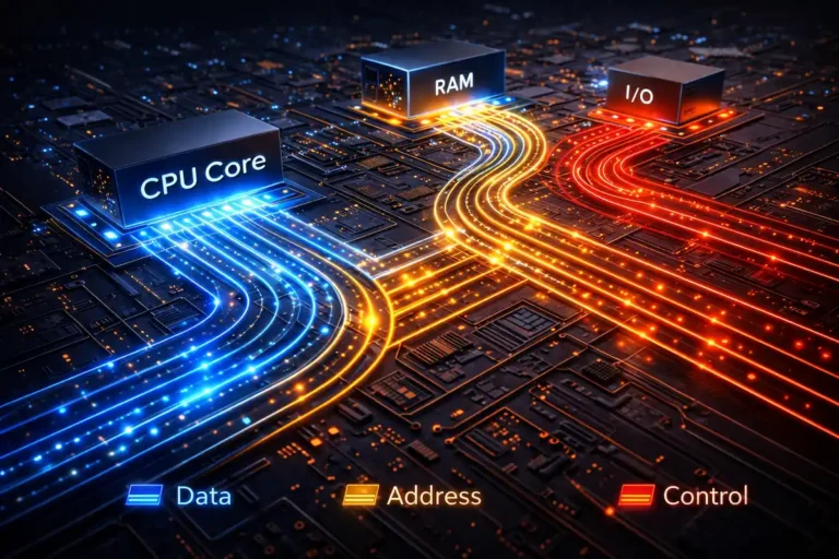 3D architectural diagram of a CPU core connecting to RAM and I/O via glowing Data, Address, and Control buses.