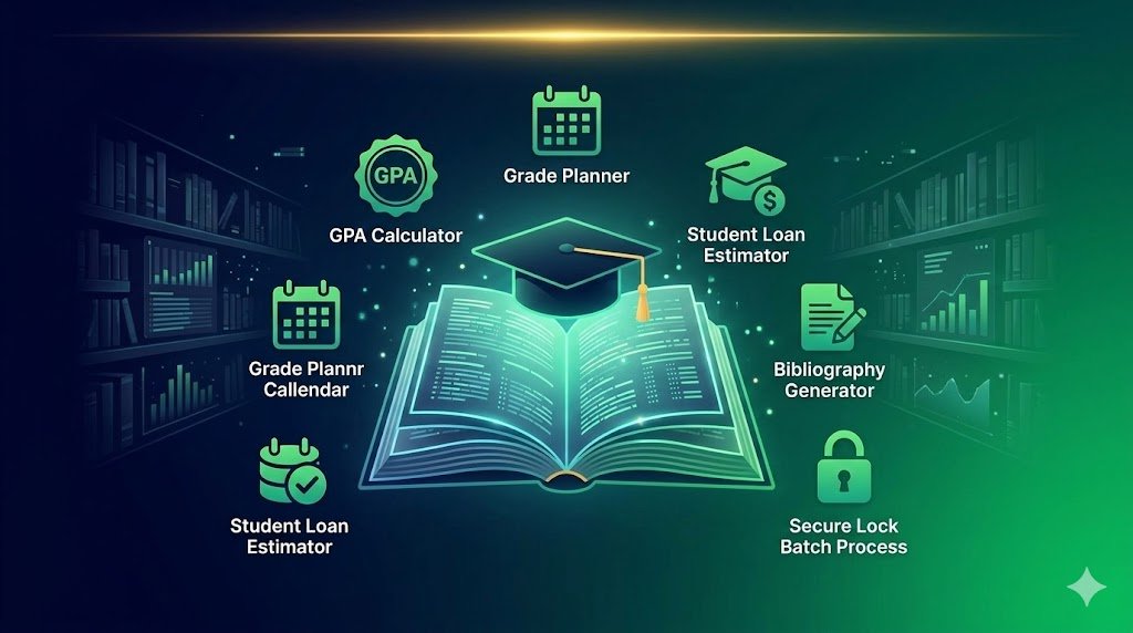 Professional Education dashboard featuring GPA Calculator, Grade Planner, and Student Loan Estimator with a green academic interface.