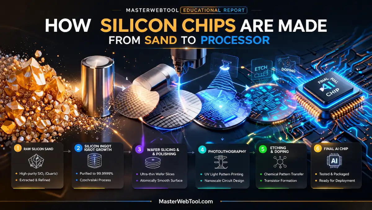 MasterWebTool educational infographic showing the 6-stage journey of silicon chips from raw quartz sand to a finished AI processor chip.