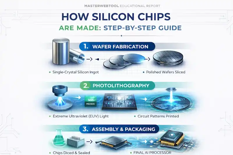MasterWebTool step-by-step technical diagram of silicon chip manufacturing including wafer fabrication, EUV photolithography, and final AI processor packaging.