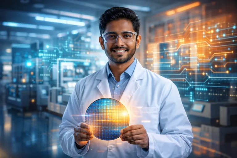 A young Indian engineer in a modern lab holding a glowing silicon wafer, representing semiconductor jobs in India.