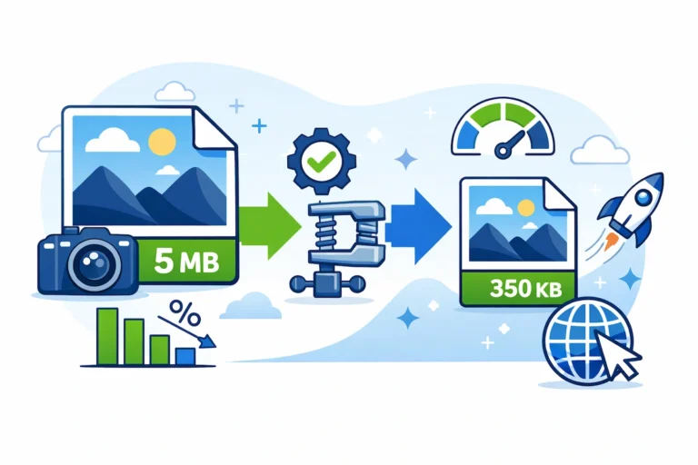 Illustration showing how image compression reduces file size while maintaining image quality