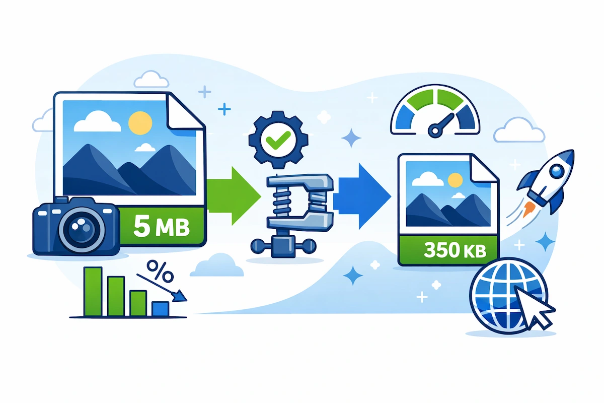 Illustration showing how image compression reduces file size while maintaining image quality