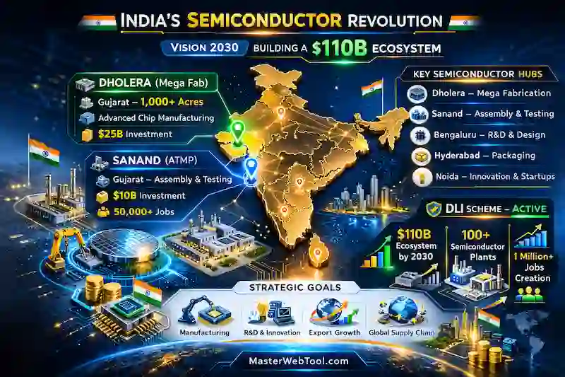 MasterWebTool infographic on India's Semiconductor Revolution showing Dholera Mega Fab, Sanand ATMP, Vision 2030 targets, and $110B ecosystem growth.