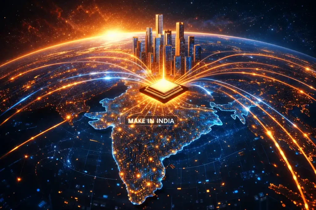 A glowing microchip connecting a digital map of India to the global tech ecosystem with the text 'Make in India'.