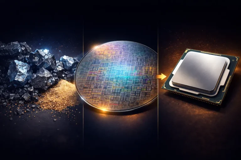 Microchip fabrication process showing the transformation from raw silicon to a polished wafer and a completed CPU.