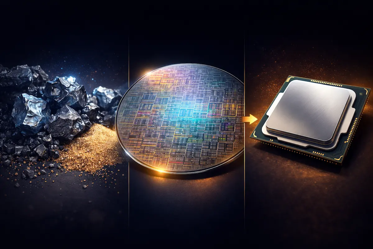 Microchip fabrication process showing the transformation from raw silicon to a polished wafer and a completed CPU.
