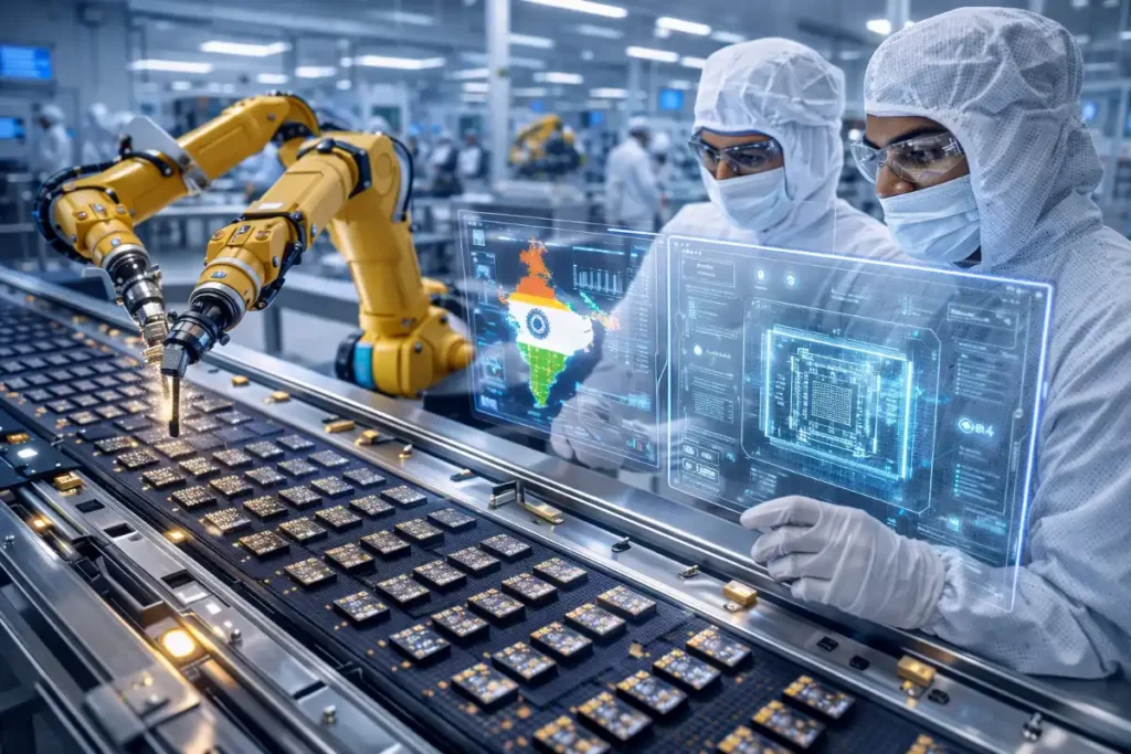 Indian engineers in cleanroom suits working alongside advanced robotic arms at a high-tech semiconductor ATMP facility.