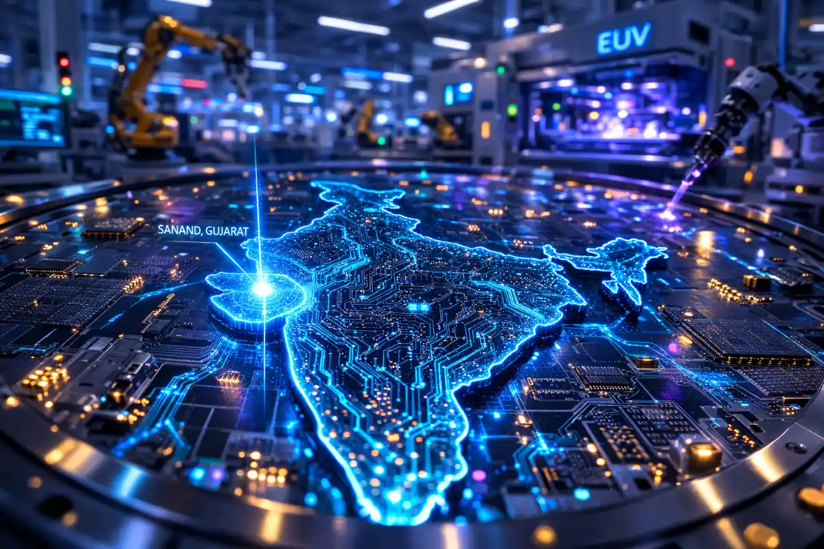 A glowing digital circuit map of India highlighting the location of the new Micron semiconductor plant in Sanand, Gujarat.