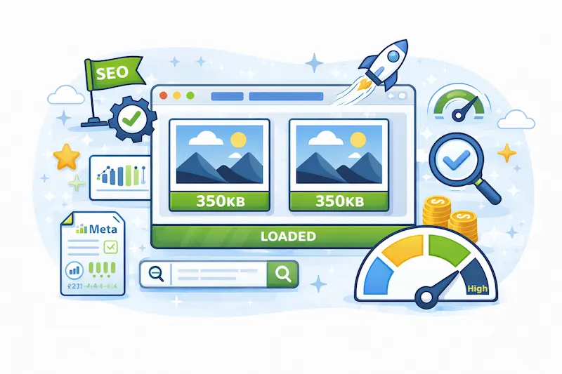 Illustration showing optimized images improving website speed and SEO