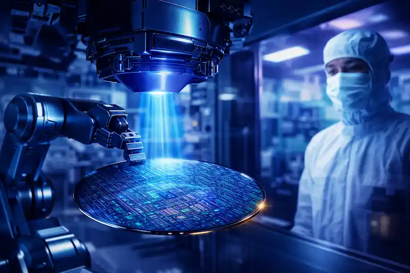 A robotic arm holding a silicon wafer under a photolithography machine in a semiconductor cleanroom.