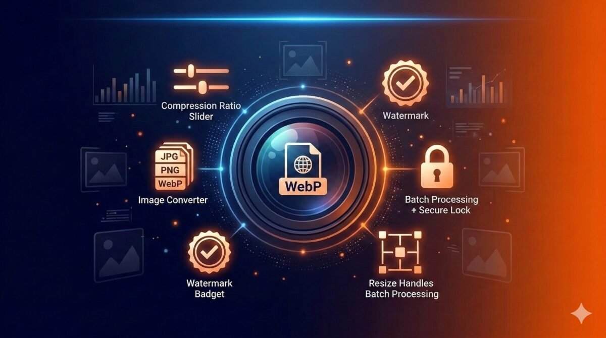 Advanced image tools dashboard showing WebP converter, compression ratio slider, and batch processing features in a sleek dark interface.