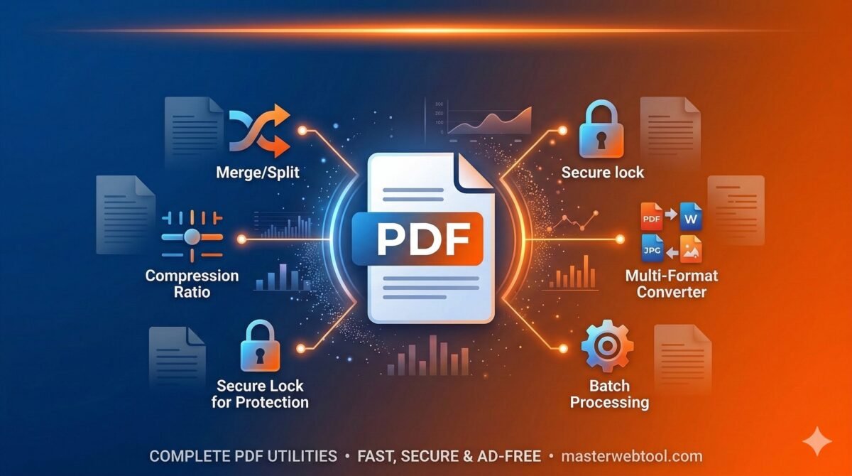 Complete PDF Utilities dashboard showing Merge, Split, Compress, and Secure Lock tools in a premium blue and orange interface.