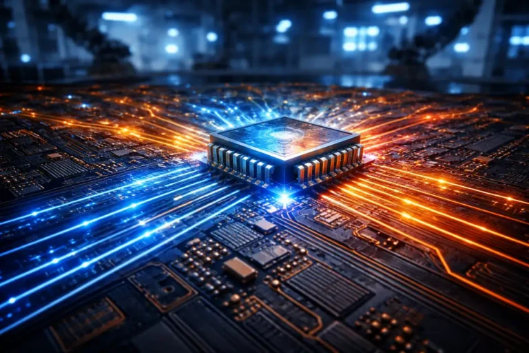 A central semiconductor processor chip on a motherboard with glowing orange and blue neural pathways illustrating how data travels.