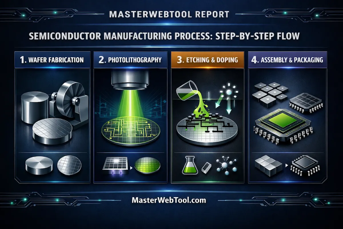 MasterWebTool infographic explaining the Semiconductor Manufacturing Process from Wafer Fabrication to Final AI Chip Packaging with 3nm/5nm and $110B data points.