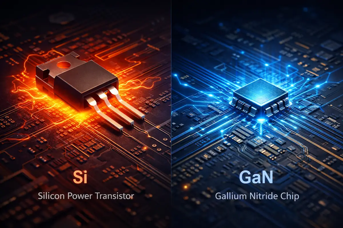 Side-by-side comparison of Silicon (Si) power transistor and Gallium Nitride (GaN) chip showing heat and efficiency differences.