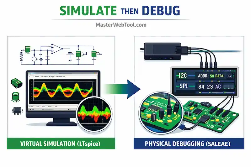 MasterWebTool technical flow diagram showing virtual circuit simulation in LTspice transitioning to physical debugging with Saleae Logic Analyzer on a PCB.