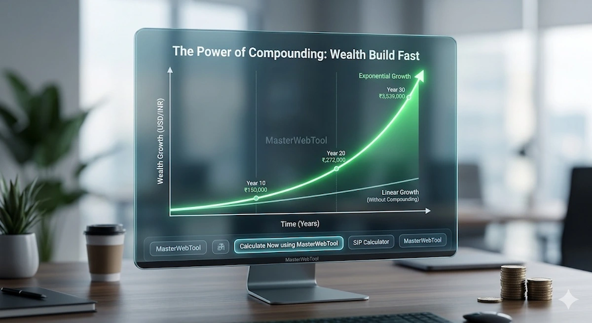 Introduction: Why Math is Your Best Financial Friend Wealth creation isn’t a secret; it’s a simple mathematical principle called Compounding. Often called the "Eighth Wonder of the World," compounding is the process where your earnings start earning more earnings over time. At MasterWebTool, we believe that financial clarity should be accessible to everyone, whether you are in India, Singapore, or the US. You don’t need to be a math genius to plan your future—you just need the right digital tools to visualize your growth. 1. What Exactly is the "Power of Compounding"? In simple terms, compounding is interest on interest. Imagine you invest $100 and get a 10% return. Next year, you don’t just get interest on your original $100, but on $110. Over 10, 20, or 30 years, this small difference snowballs into a massive fortune. The Golden Rule of Compounding: "It’s not about how much you invest; it’s about how long you stay invested." 2. SIP vs. Lumpsum: Which Strategy Fits Your Goal? Before you start using our suite of calculators, you need to decide your investment style: SIP (Systematic Investment Plan): Ideal for salaried professionals. You invest a fixed small amount every month. It’s like a subscription for your future self. Lumpsum: Best when you have a one-time big amount (like a bonus, gift, or business profit) and want to put it to work immediately. Try it yourself: Use our SIP Calculator and Lumpsum Calculator to compare which method grows your wealth faster. 3. The "15-15-15" Wealth Formula (A Practical Guide) To show you how powerful our tools are, let’s look at a popular financial benchmark: The 15-15-15 Rule. Invest: ₹15,000 per month (SIP) Duration: 15 Years Expected Return: 15% The Result: Approximately ₹1 Crore. The real magic happens if you stay for another 15 years. By simply changing the duration to 30 years in our SIP Calculator, you will see that the same amount grows to over ₹10 Crores! --- 4. Don’t Forget the Silent Wealth Killer: Inflation Google’s helpful content guidelines emphasize transparency. While ₹1 Crore sounds like a lot today, its value will decrease over time due to inflation. At MasterWebTool, we don't just show you the bright side; we show you the real side. Use our Inflation Calculator to see what your future target amount will actually be worth in today's purchasing power. 5. How to Use MasterWebTool Calculators Like a Pro Define Your Goal: Know how much you need (e.g., Retirement, Education, or a House). Input Realistic Returns: For long-term equity, 12-15% is a standard benchmark. Adjust for Inflation: Always check the "Real Value" of your future corpus. Consistency is Key: Use the EMI Calculator to manage your debts so they don't eat into your investments. Exponential wealth growth graph for compounding using MasterWebTool SIP calculator Conclusion: Start Today, Grow Tomorrow The best time to start investing was 10 years ago. The second best time is today. Our goal at MasterWebTool is to provide you with the most accurate and easy-to-use digital tools to take charge of your financial journey. Explore our Full Suite of Tools: [Financial Calculators] [Health & Fitness Tools] [SEO & Web Utilities] About the Author Exponential wealth growth graph for the Power of Compounding using MasterWebTool SIP and Lumpsum calculators