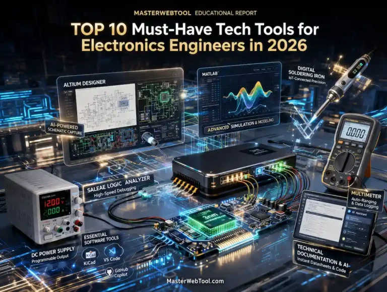 MasterWebTool futuristic infographic collage of electronics engineering tools including Altium Designer, MATLAB simulation, Saleae Logic Analyzer, and AI-powered technical documentation.