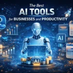Illustration of the best AI tools for business productivity showing automation, analytics dashboard, AI chatbot, and workflow optimization