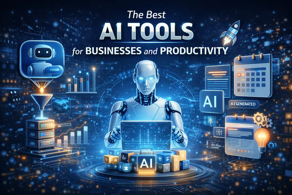 Illustration of the best AI tools for business productivity showing automation, analytics dashboard, AI chatbot, and workflow optimization