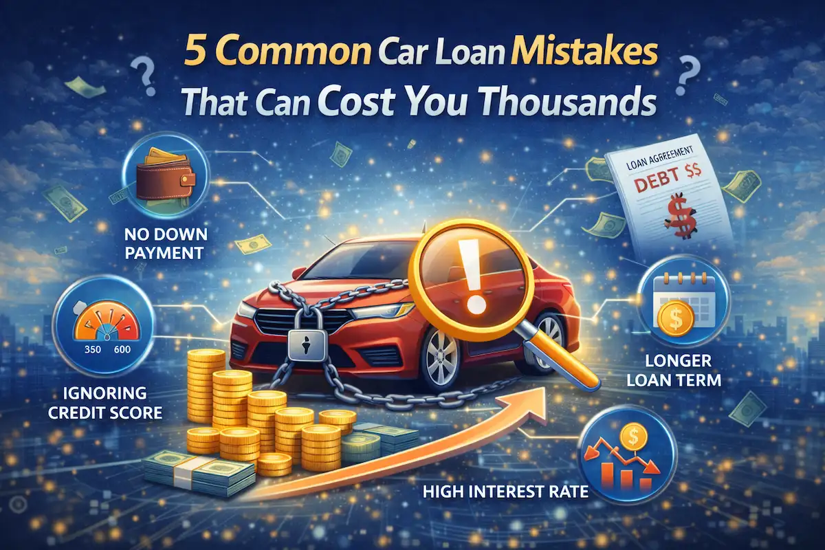 Illustration showing common car loan mistakes like high interest rate, low credit score, no down payment, and long loan tenure