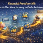 Illustration showing financial freedom journey with saving, investing, goal setting, and early retirement planning roadmap