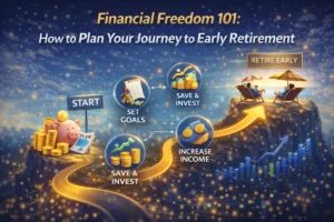 Illustration showing financial freedom journey with saving, investing, goal setting, and early retirement planning roadmap