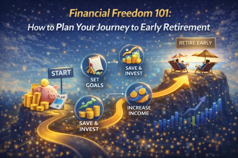 Illustration showing financial freedom journey with saving, investing, goal setting, and early retirement planning roadmap