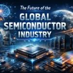 Futuristic illustration showing the future of the global semiconductor industry with AI chips, data centers, silicon wafer, and digital global network