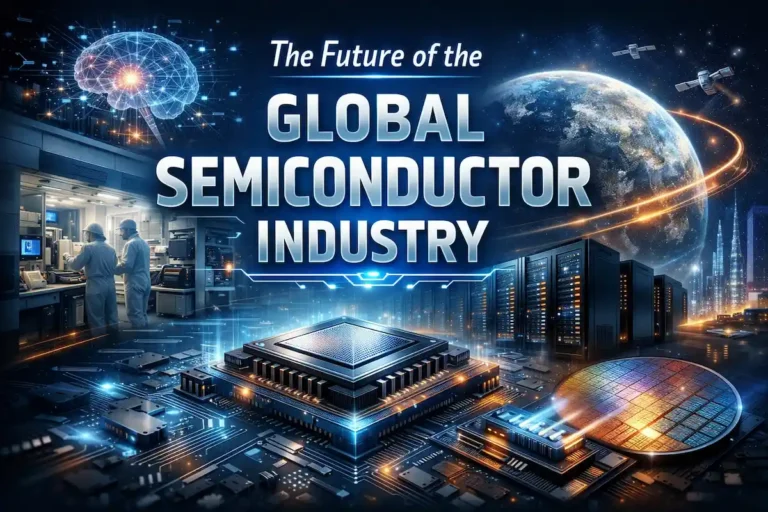 Futuristic illustration showing the future of the global semiconductor industry with AI chips, data centers, silicon wafer, and digital global network