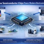 Horizontal infographic showing how semiconductor chips power modern electronics including smartphones, computers, autonomous vehicles, smart homes, data centers, and consumer devices