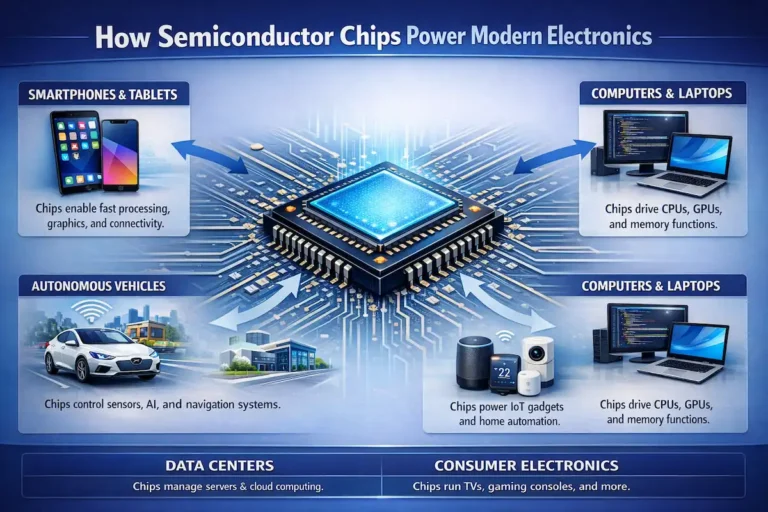 Horizontal infographic showing how semiconductor chips power modern electronics including smartphones, computers, autonomous vehicles, smart homes, data centers, and consumer devices