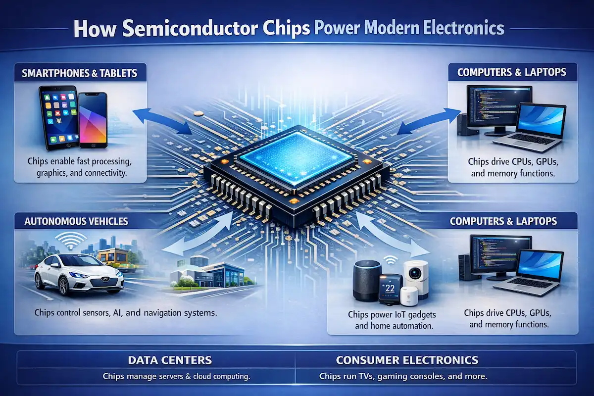Horizontal infographic showing how semiconductor chips power modern electronics including smartphones, computers, autonomous vehicles, smart homes, data centers, and consumer devices