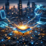 A conceptual visualization showing a glowing semiconductor chip on a circuit board, illustrating how semiconductor chips power modern electronics by connecting to holographic device icons.