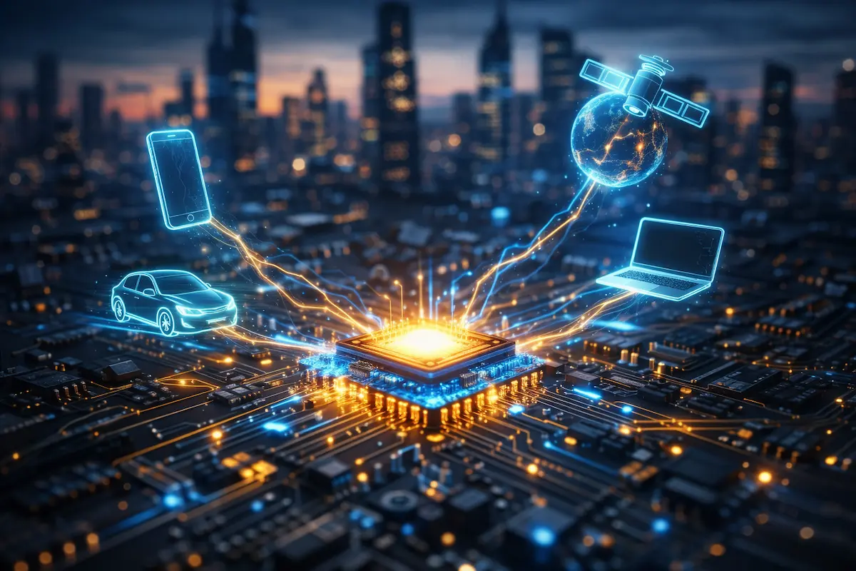 A conceptual visualization showing a glowing semiconductor chip on a circuit board, illustrating how semiconductor chips power modern electronics by connecting to holographic device icons.