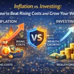 Comparison of inflation vs investing showing rising costs, decreasing money value, and wealth growth through investments