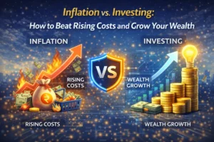 Comparison of inflation vs investing showing rising costs, decreasing money value, and wealth growth through investments