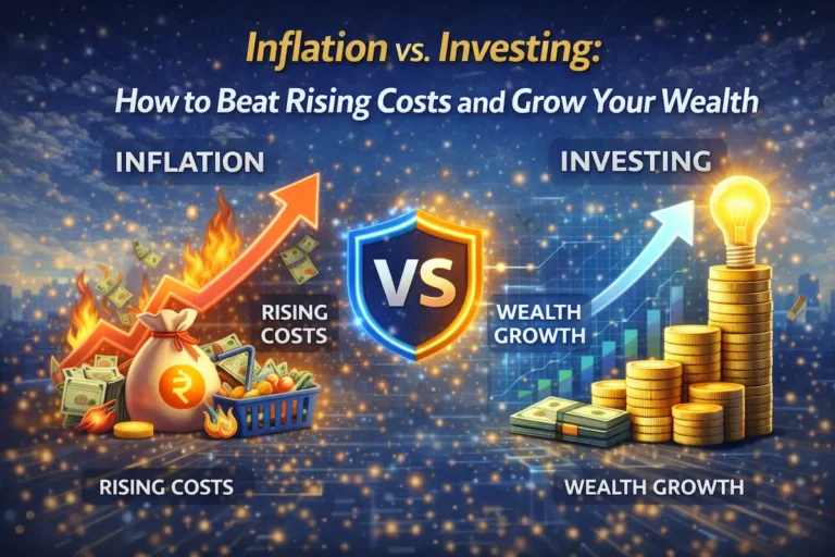 Comparison of inflation vs investing showing rising costs, decreasing money value, and wealth growth through investments
