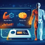 Lean body mass calculator dashboard showing muscle mass vs body fat with digital scale and fitness data visualization