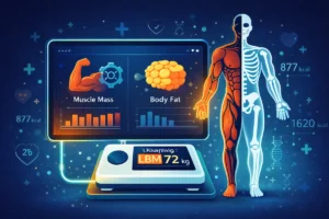 Lean body mass calculator dashboard showing muscle mass vs body fat with digital scale and fitness data visualization